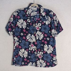 Stitch Hawaiian Women's Blue Floral Beach Vacation Button Down‎ Shirt Size M
